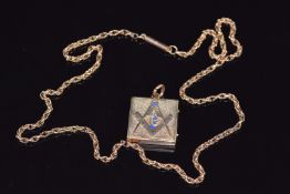 A 9ct rose gold necklace made up of faceted links and a 9ct gold Masonic locket, 13.2g