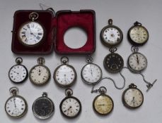 Fourteen open faced pocket and stop watches including some silver, Goliath style, Kays English