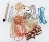 A collection of necklaces including coral, pearl, agate and silver, coral bracelets, etc