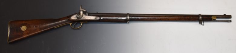 Enfield 2-band percussion hammer action gun with lock engraved '1859 Tower', brass trigger guard,