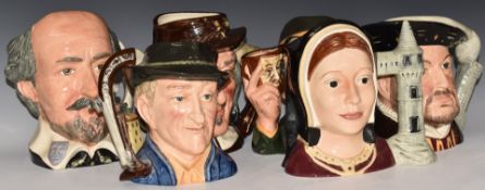 Six large Royal Doulton character jugs including Henry VIII, The Collector, Antique Dealer and Izaac