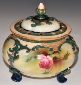 James Hadley for Royal Worcester footed pot pourri decorated with roses, shape 183 and Hadley and