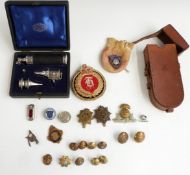 Air Ministry auriscope in fitted box by J Weiss & Sons London, badges, buttons and leather pouch