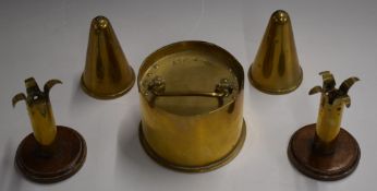 Five pieces of trench art including a pair of candle sticks and a small biscuit barrel/ tobacco