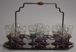 Art Deco kitsch plated drinks stand with 12 glasses, 20cm tall.