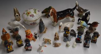 Beswick birds including Cedar Waxwing and swan with cygnet, Royal Worcester signed thimbles,