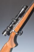 BRNO Model 2-E-H .22 bolt-action rifle with chequered semi-pistol grip, canvas and leather sling,