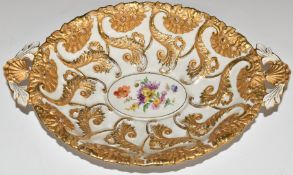 Meissen pedestal dish with twin shell handles and gilt and floral decoration, W31.5 x D21 x H6.5cm