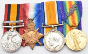 British Army WW1 medals comprising 1914/1915 Star, War Medal and Victory Medal with oak leaf emblem,