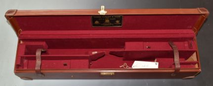 James Purdey & Sons Ltd leather double shotgun carry case with brass fittings, fitted interior and
