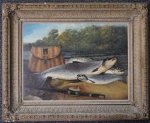 Oil on board the days catch, three fish with fishing rod and creel on the riverbank with river