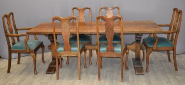 Oak refectory table and six chairs (2+4), W218 x D80 x H77cm