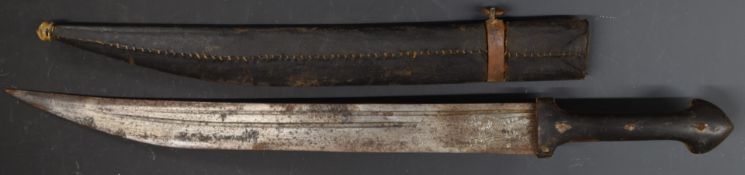 Middle East / Islamic style dagger with crude etching to 34cm double fullered blade and leather