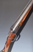 'The Basque' 12 bore side by side shotgun with chequered grip and forend, double trigger and named