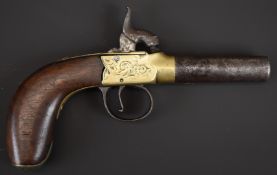 Unnamed percussion hammer action pocket pistol with engraved brass frame, engraved German silver