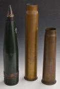 Two WW2 brass shell cases, one 3 inch dated 1938 the other 50cal 1945 together with a post WW2 4.5