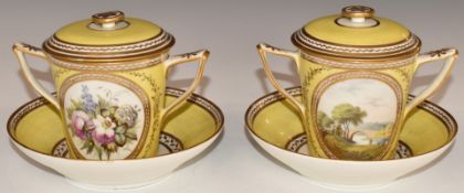A pair of 18th/19thC twin handled porcelain covered chocolate cups and saucers decorated with a