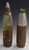 Two 105mm artillery shells, one complete with fuse cone, tallest 50cm