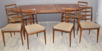 Retro mid century modern McIntosh table and six chairs, W154 x D92 x H74, extra leaf 46cm