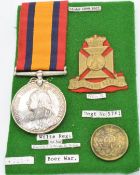 British Army Queen's South Africa Medal 1899 named to 5781 Pte E Ryan Wiltshire Regiment, with hat