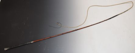 An 18thC/19thC holly or blackthorn carriage driving whip with ornate white metal mounts and marks