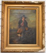 19thC oil on canvas fisherman resting with his rod and bags, 47 x 36cm, in period gilt frame