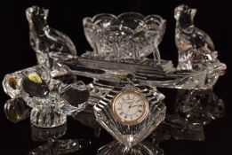 Eight pieces of Waterford Crystal comprising a pair of cats, gavel, clock, bowl, rose, a butterfly