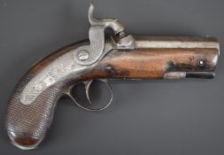 Percussion hammer action overcoat pistol with engraved lock marked Holland, engraved hammer,