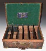 Henry Atkin brass and leather bound shotgun cartridge carry case with original label 'Henry Adkin