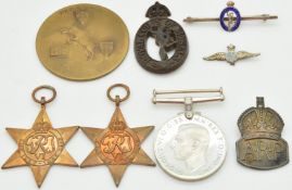 Medals and badges including an Economy WW2 badge for Royal Corps of Signals, silver and enamel Royal