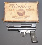 Webley Mark II .177 air pistol with monogrammed and chequered grips, in original box with
