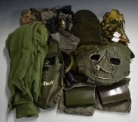 Modern military equipment including two webbing vests, entrenching tool, cleaning kits, ear