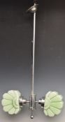 Art Deco ceiling light with two fan shaped green glass shade and chrome fittings, 83cm tall.