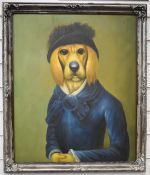 Comical oil on canvas of a dog in hunting gear, 60 x 50cm