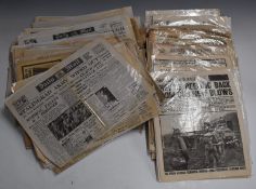 Approximately seventy newspaper front and back pages, some complete, reporting significant events of