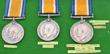 British Army WW1 medals comprising three War Medals named to 13782 Pte R Bullock, Gloucestershire