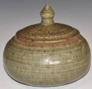 Studio pottery covered pot with trident mark to base, H13, diameter 15cm