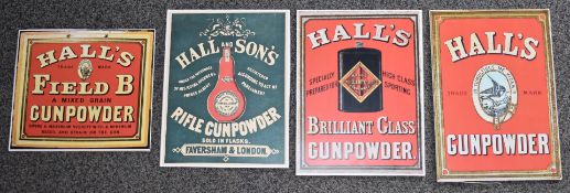 Four modern gunpowder shop display or advertising boards, three Hall's Gunpowder and one Hall & Sons