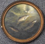 A. Roland Knight (British, 1879-1921) oil on board of three trout rising, diameter 28cm