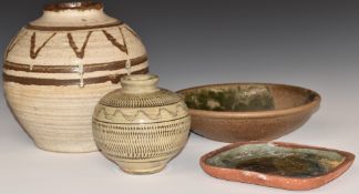 Studio pottery including a large vase with impressed AB monogram, bowl with incised CP to base and