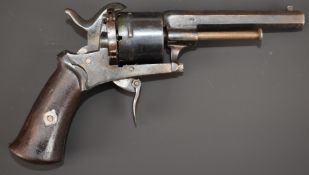 Belgian 7mm six-shot pin fire revolver with folding trigger, shaped wooden grips and 3.5 inch