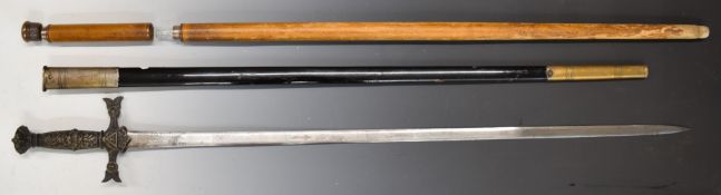 Ceremonial sword with 78cm blade, together with a cane with drinking vial within