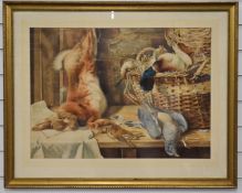 M. Jackson watercolour still life study of game on a wooden bench, signed lower right, 50 x 69cm