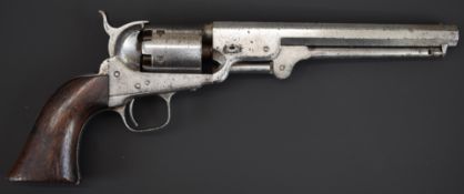 Colt Navy .36 six-shot percussion revolver with shaped wooden grips, indistinctly named cylinder and