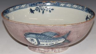 English Delft large pedestal bowl, London c 1750, the exterior decorated with three fish against a