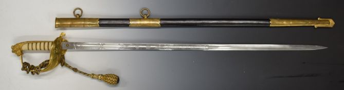 Royal Navy dress sword with folding guard, sword knot, 79cm decorated blade and leather scabbard,