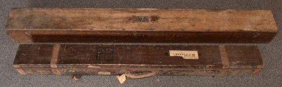Two vintage wooden fishing rod boxes comprising an oak example and a metal bound box, together