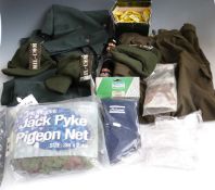 A collection of shooting clothing and accessories including Jack Pyke Hunters Trousers (M),