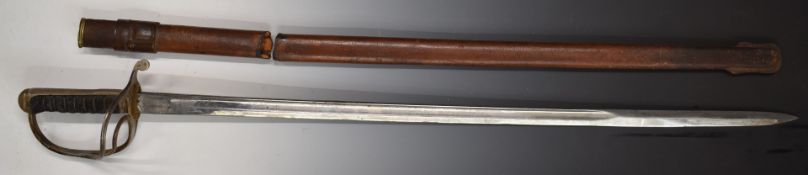 British officer's sword with GVR cypher to 89cm blade, with leather scabbard by Hawkes and Co,