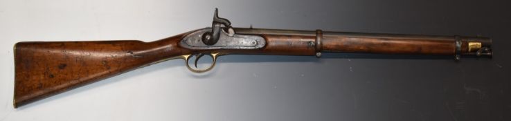 Enfield pattern percussion hammer action 2-band Cavalry carbine rifle with lock stamped '1858 and